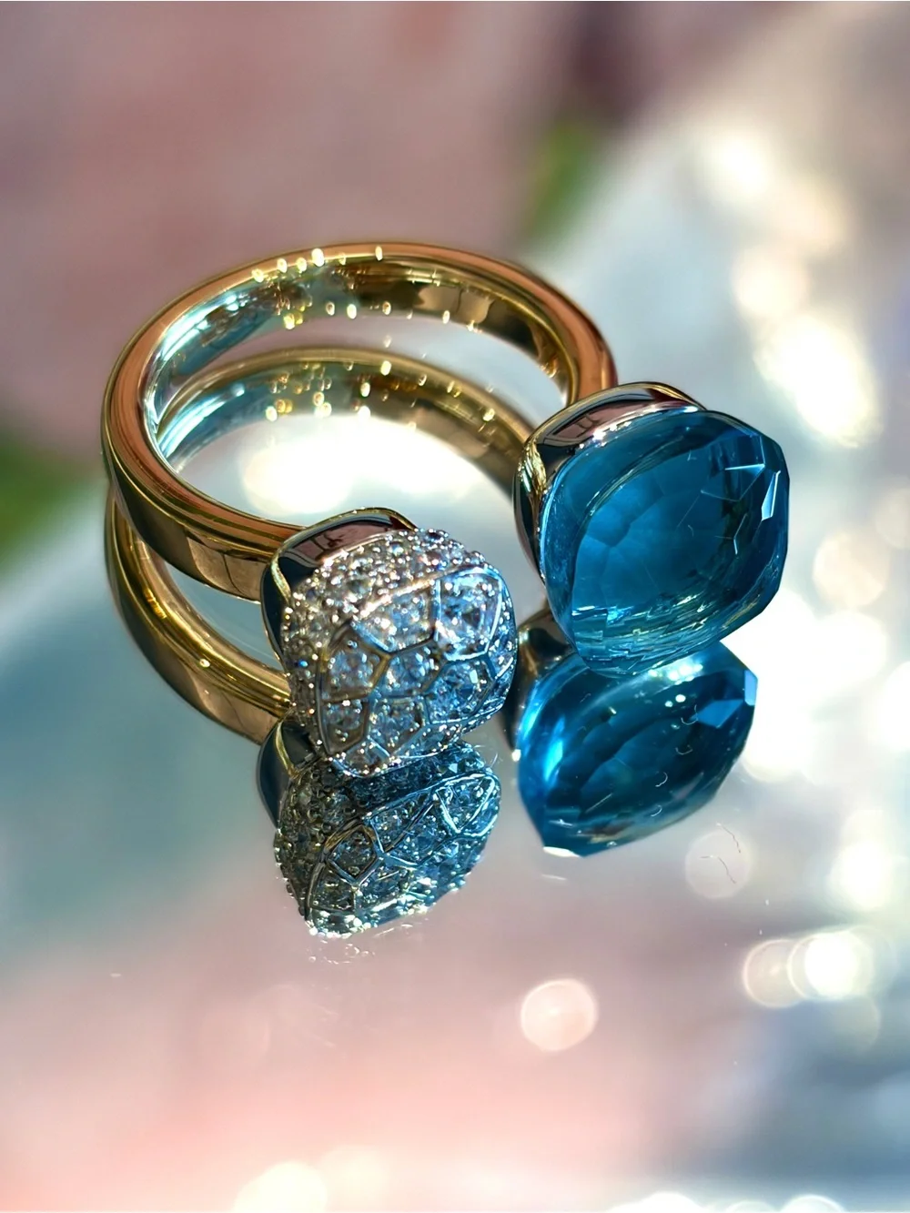 New Certified 14K Gold Plated S925 Two-Stone Sky Blue simulated Topaz Ring